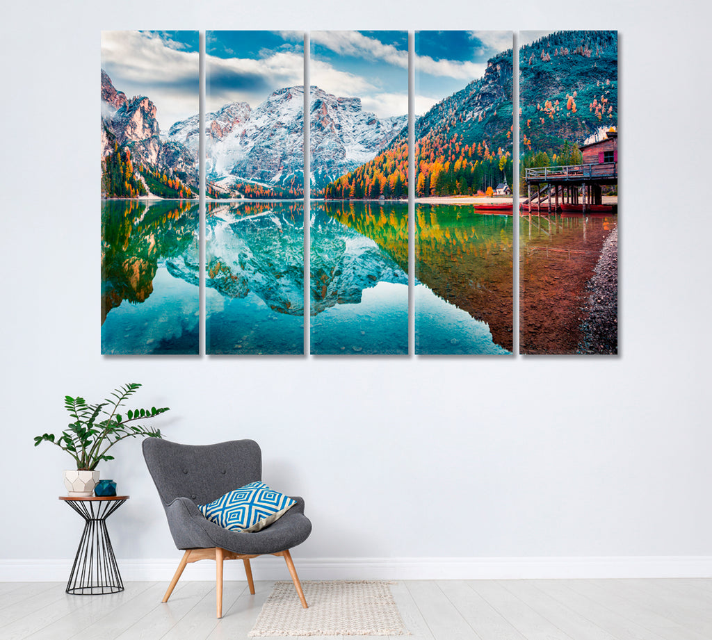 Braies Lake with Seekofel Mount Italian Alps Canvas Print ArtLexy 5 Panels 36"x24" inches 