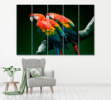 Pair of Red-and-Green Macaw Parrot Canvas Print ArtLexy 5 Panels 36"x24" inches 