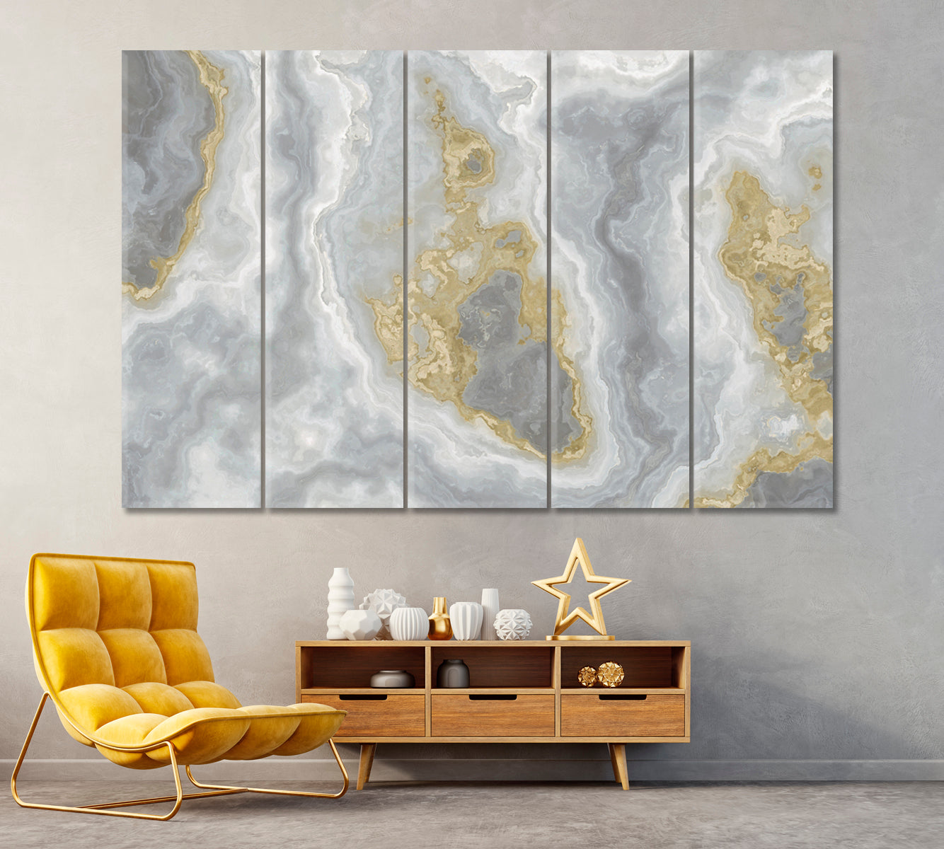 Gray Marble with Golden Veins Canvas Print ArtLexy 5 Panels 36"x24" inches 