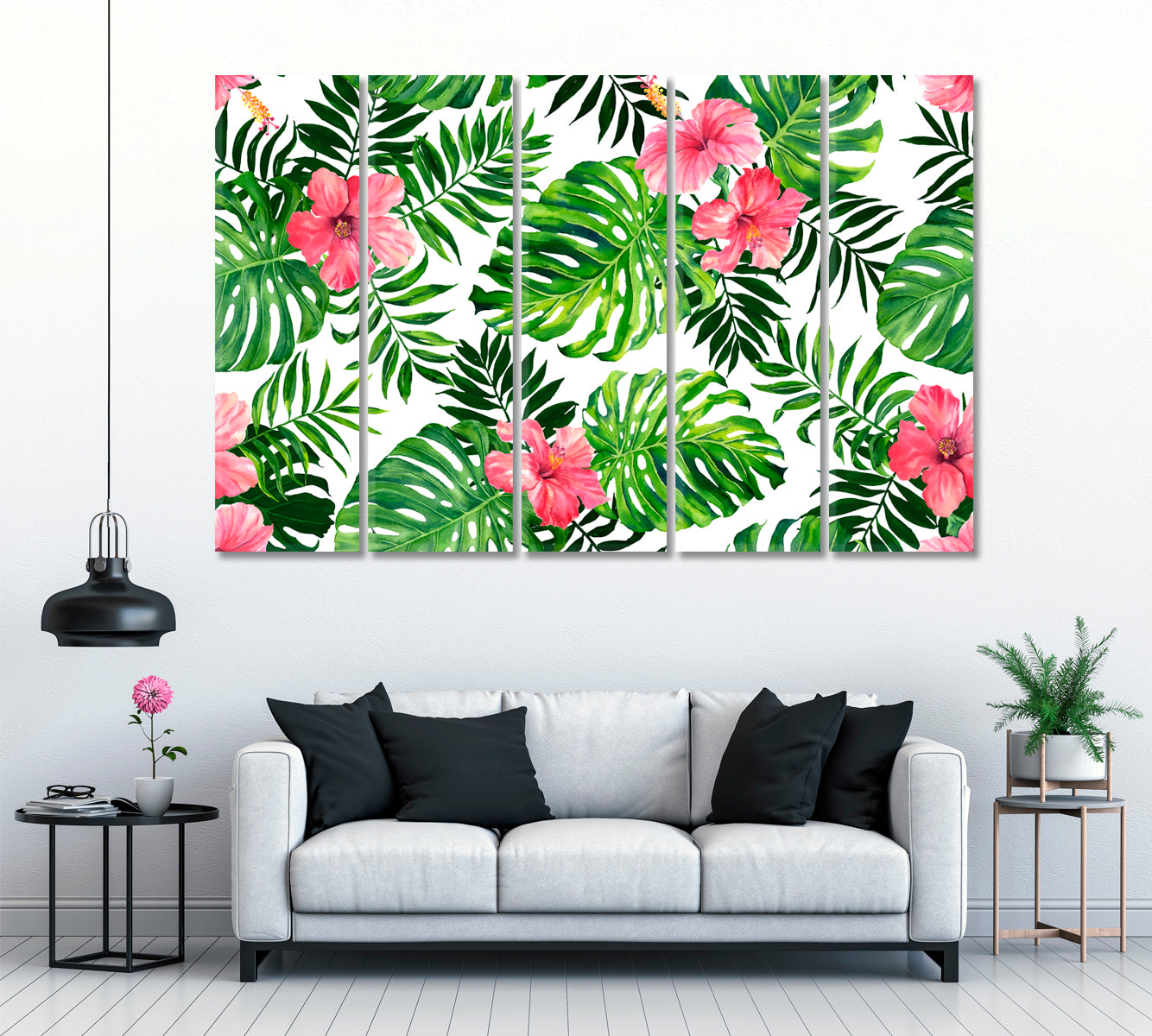 Hibiscus Flowers with Tropical Leaves Canvas Print ArtLexy 5 Panels 36"x24" inches 