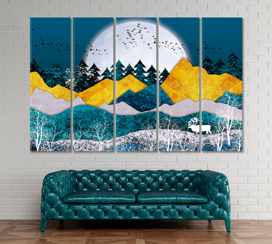 Beautiful Abstract Landscape with Golden Mountains Canvas Print ArtLexy 5 Panels 36"x24" inches 