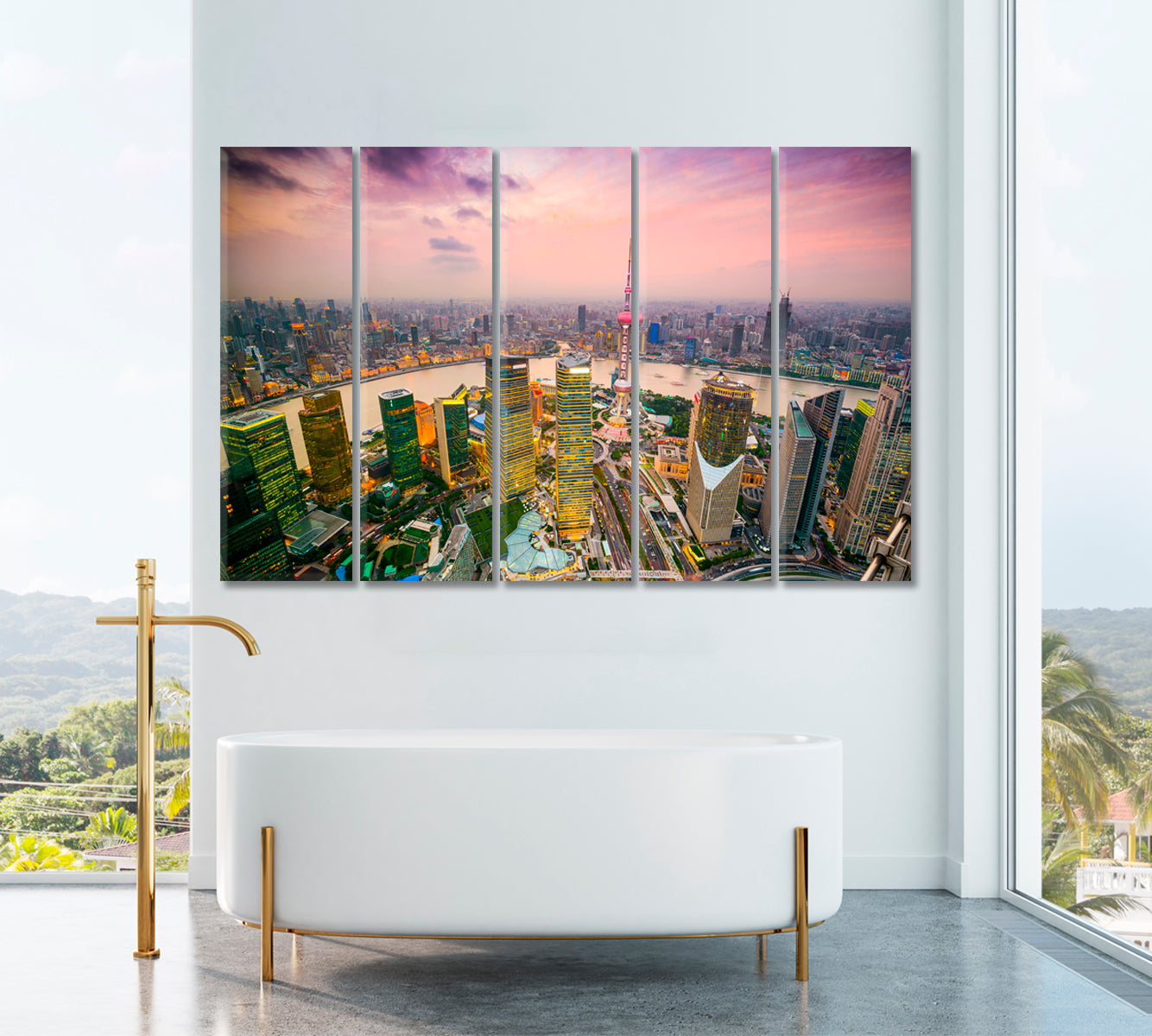 Shanghai China Cityscape Canvas Print ArtLexy 5 Panels 36"x24" inches 
