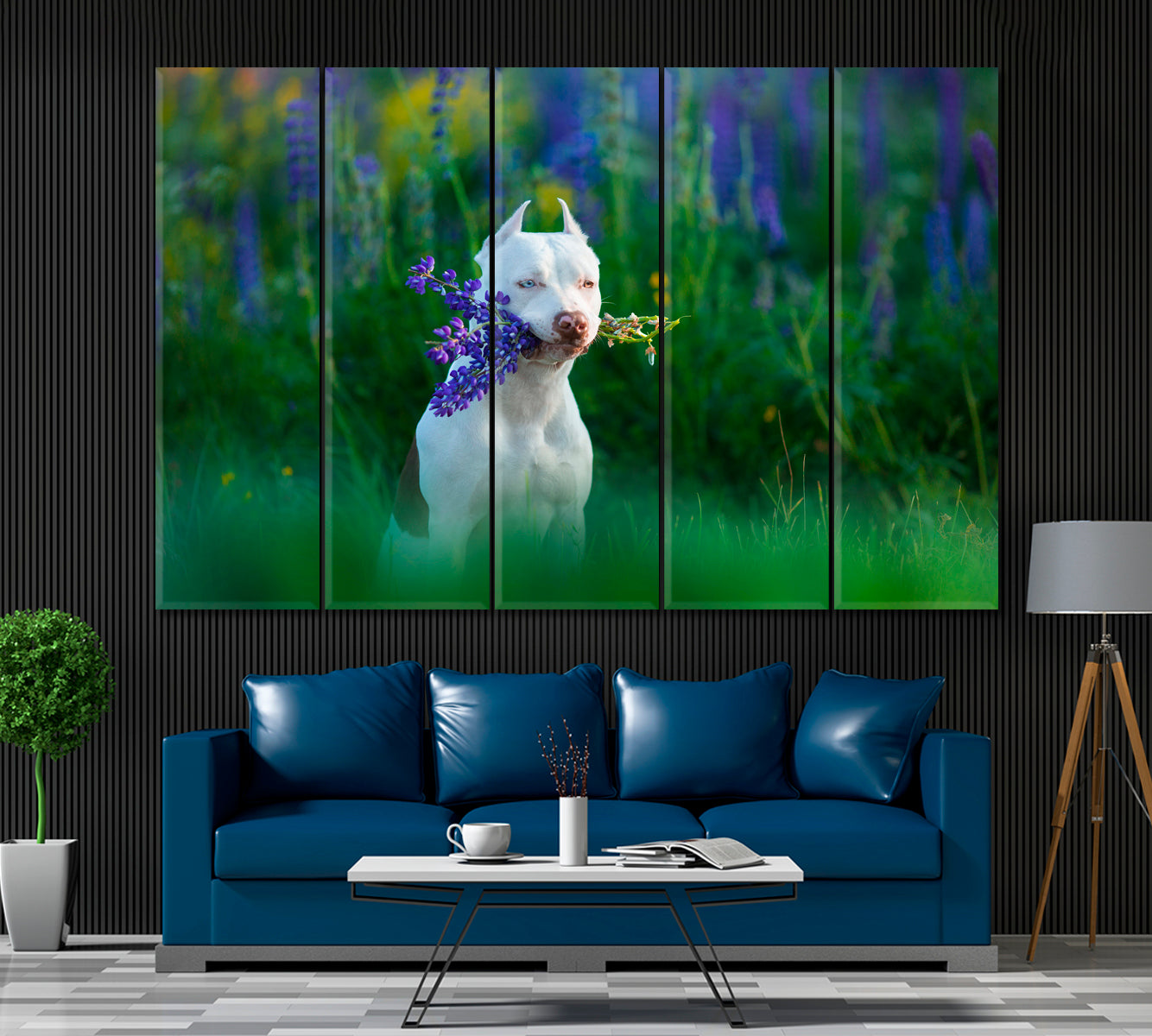 White Pitbull with Bouquet of Flowers Canvas Print ArtLexy 5 Panels 36"x24" inches 