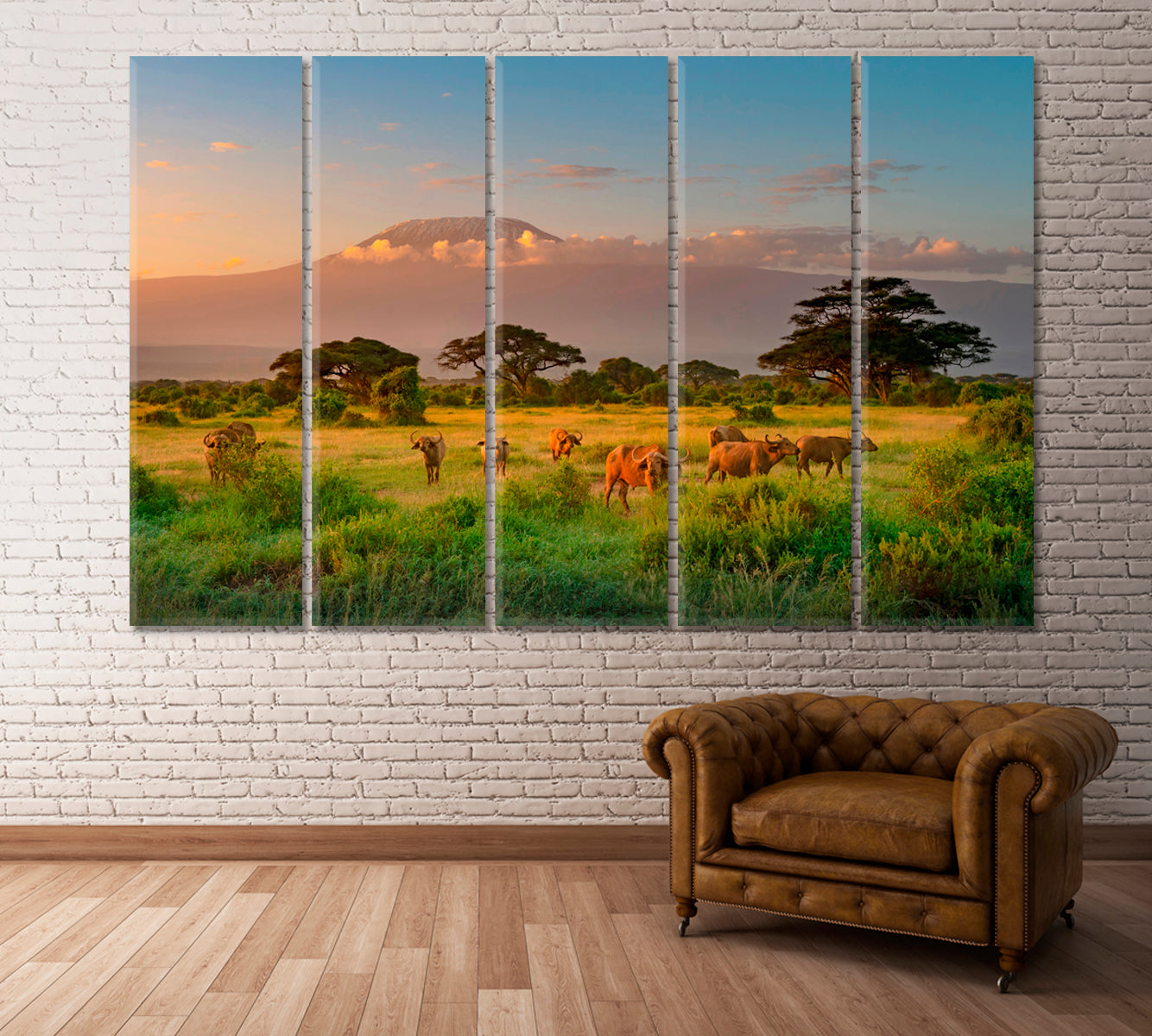 Buffalo in front of Mount Kilimanjaro Kenya Canvas Print ArtLexy 5 Panels 36"x24" inches 