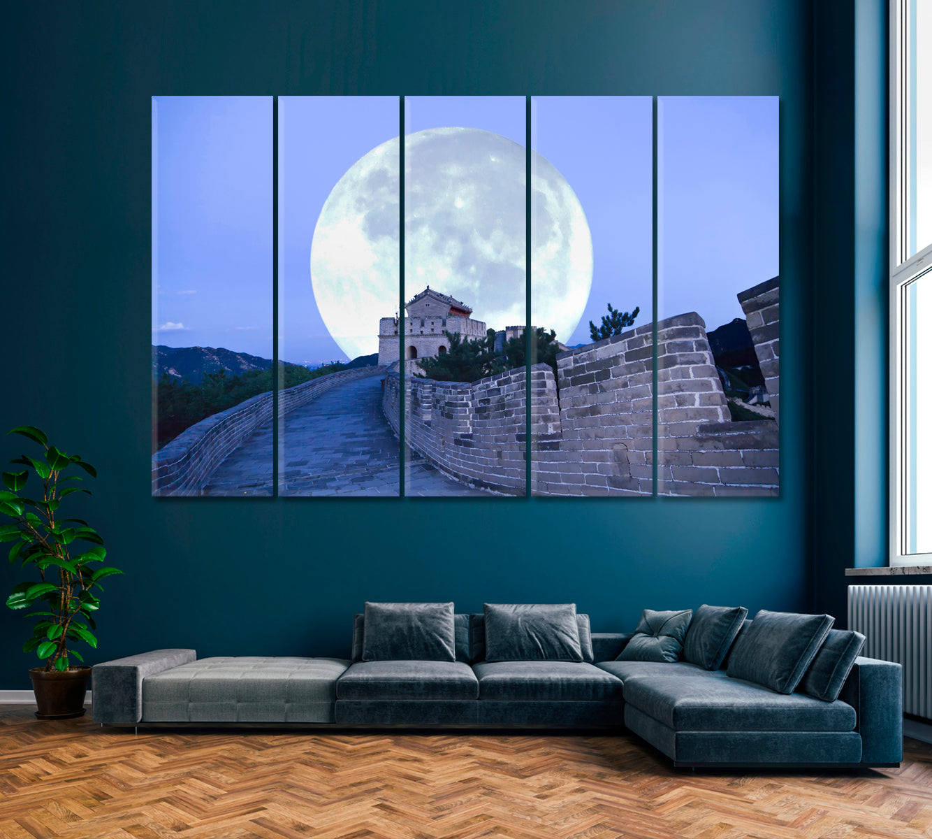 Badaling Great Wall with Full Moon Canvas Print ArtLexy 5 Panels 36"x24" inches 