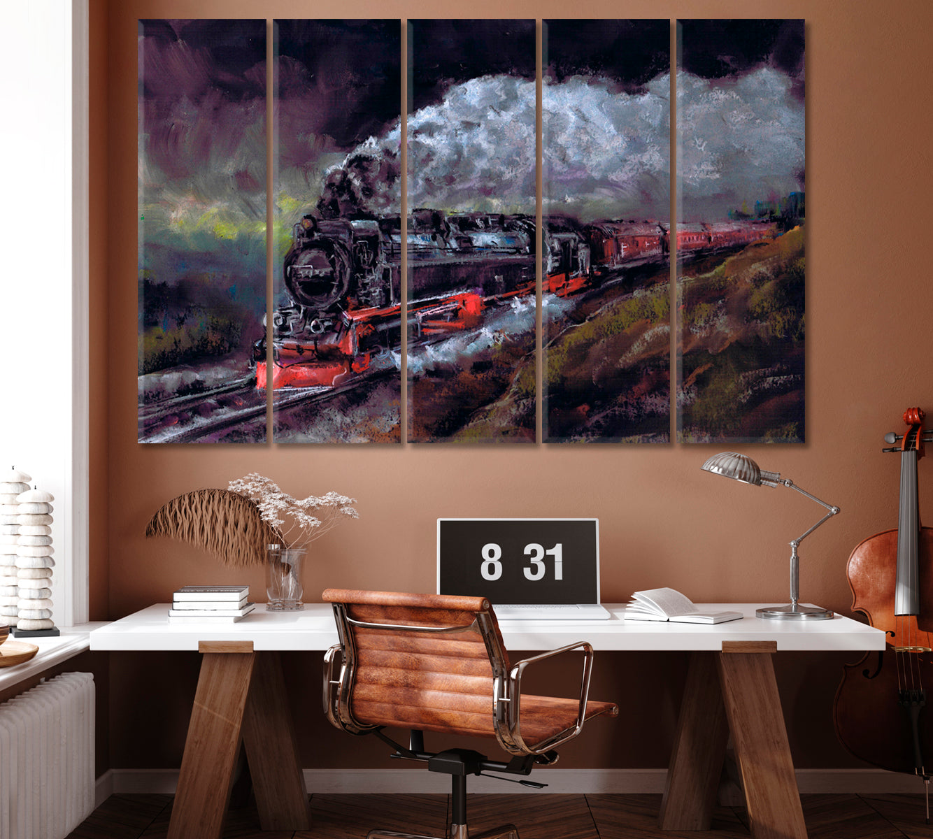 Steam Locomotive at Night Canvas Print ArtLexy 5 Panels 36"x24" inches 