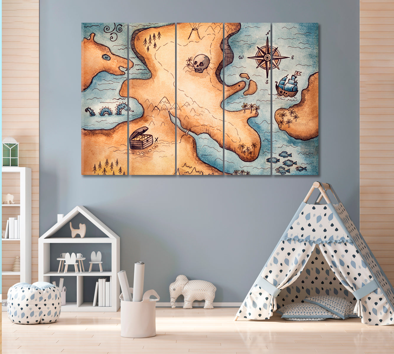 Pirate Map Canvas Print ArtLexy 5 Panels 36"x24" inches 
