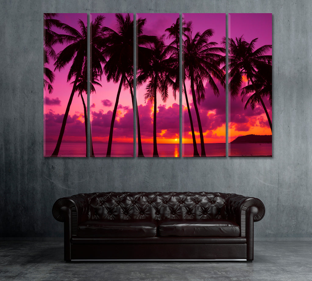 Palm Trees Silhouette at Sunset Thailand Canvas Print ArtLexy 5 Panels 36"x24" inches 