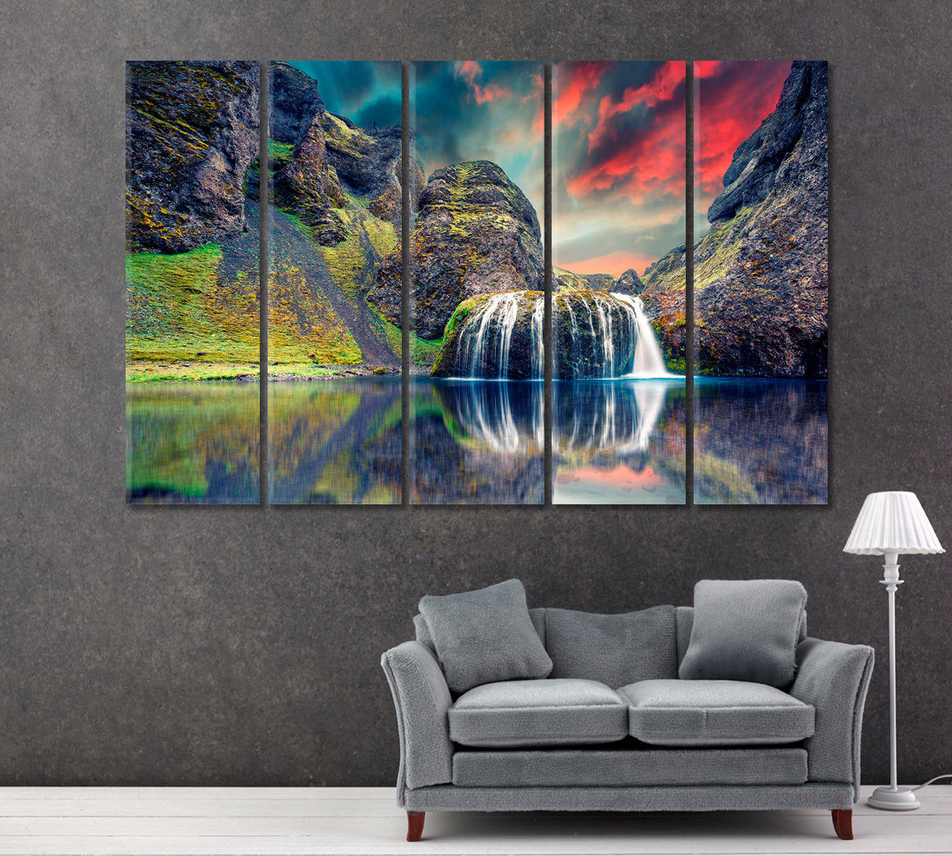 Stjornarfoss Waterfall at Sunset, Iceland Landscape Canvas Print ArtLexy 5 Panels 36"x24" inches 