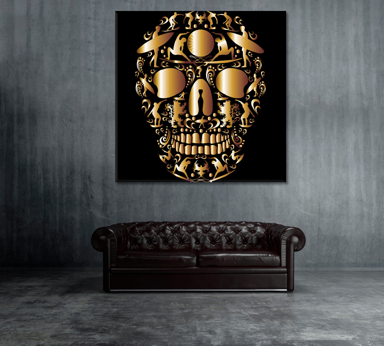 Golden Skull with Surfers Canvas Print ArtLexy 1 Panel 12"x12" inches 