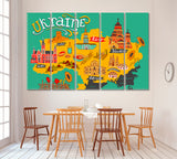 Cartoon Map of Ukraine Canvas Print ArtLexy 5 Panels 36"x24" inches 