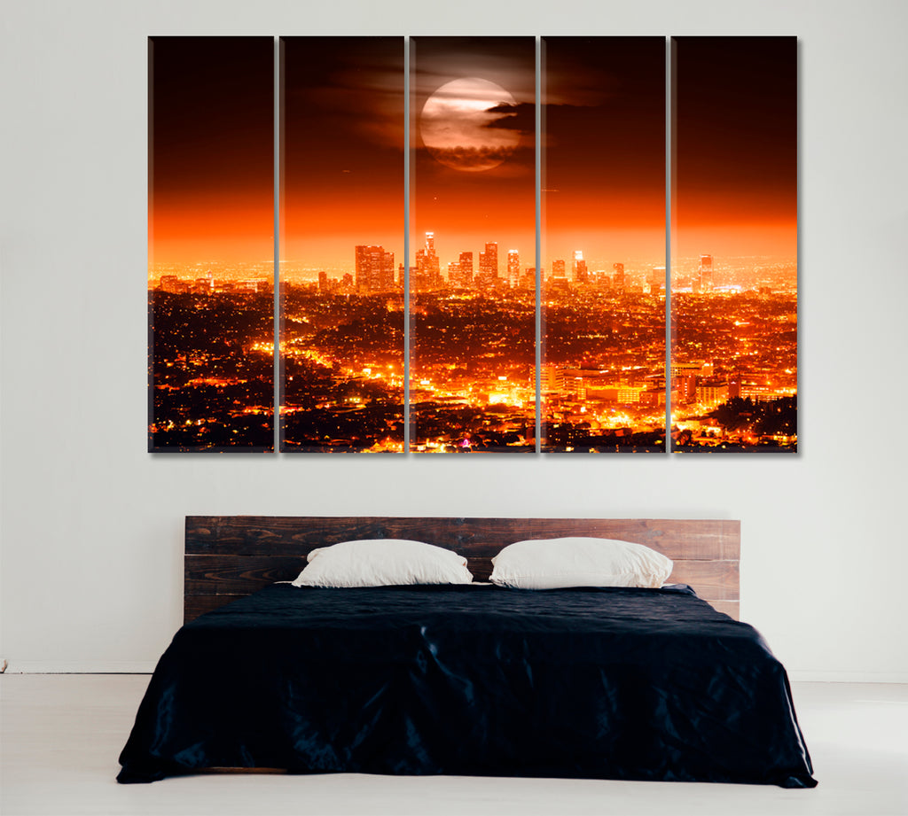 Los Angeles Skyline at Full Moon Canvas Print ArtLexy 5 Panels 36"x24" inches 