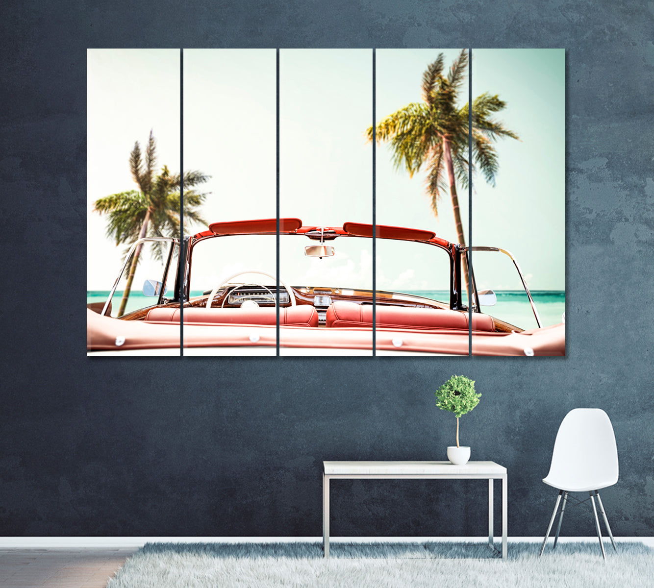 Summer Car on Beach With Palm Canvas Print ArtLexy 5 Panels 36"x24" inches 