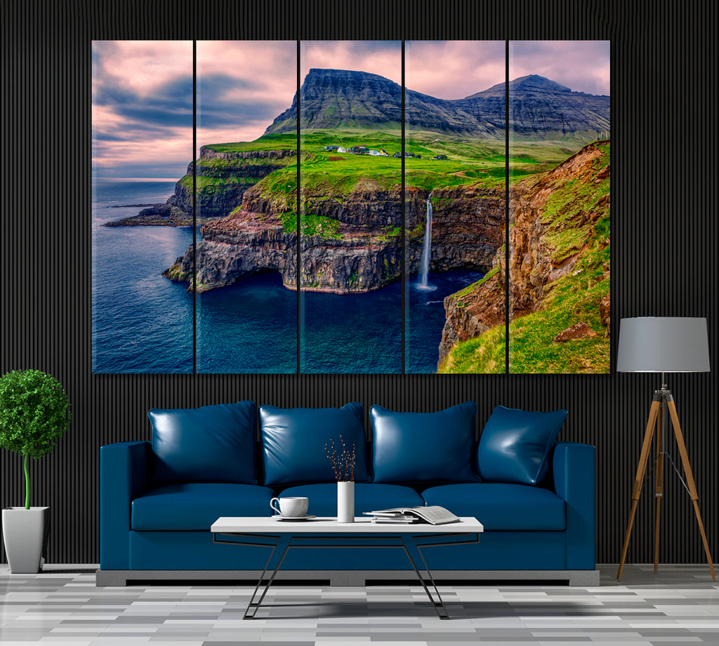 Gasadalur Village with Mulafossur Waterfall Faroe Islands Denmark Canvas Print ArtLexy 5 Panels 36"x24" inches 