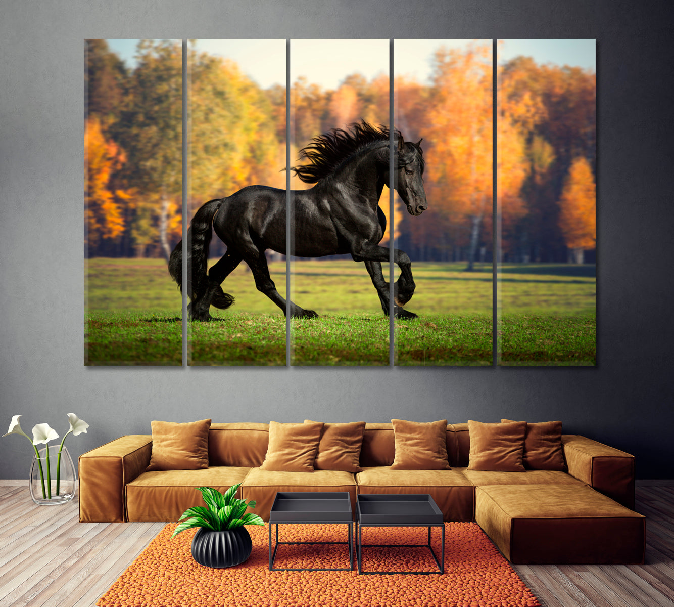 Black Friesian Horse in Autumn Forest Canvas Print ArtLexy 5 Panels 36"x24" inches 