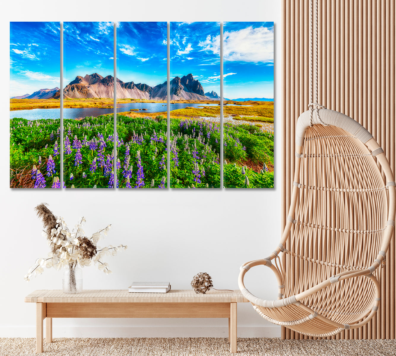 Lupine Flowers on Stokksnes Cape. Vestrahorn (Batman Mountain) Iceland Canvas Print ArtLexy 5 Panels 36"x24" inches 