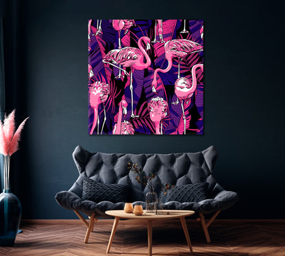 Pink Flamingos and Palm Leaves Canvas Print ArtLexy 1 Panel 12"x12" inches 