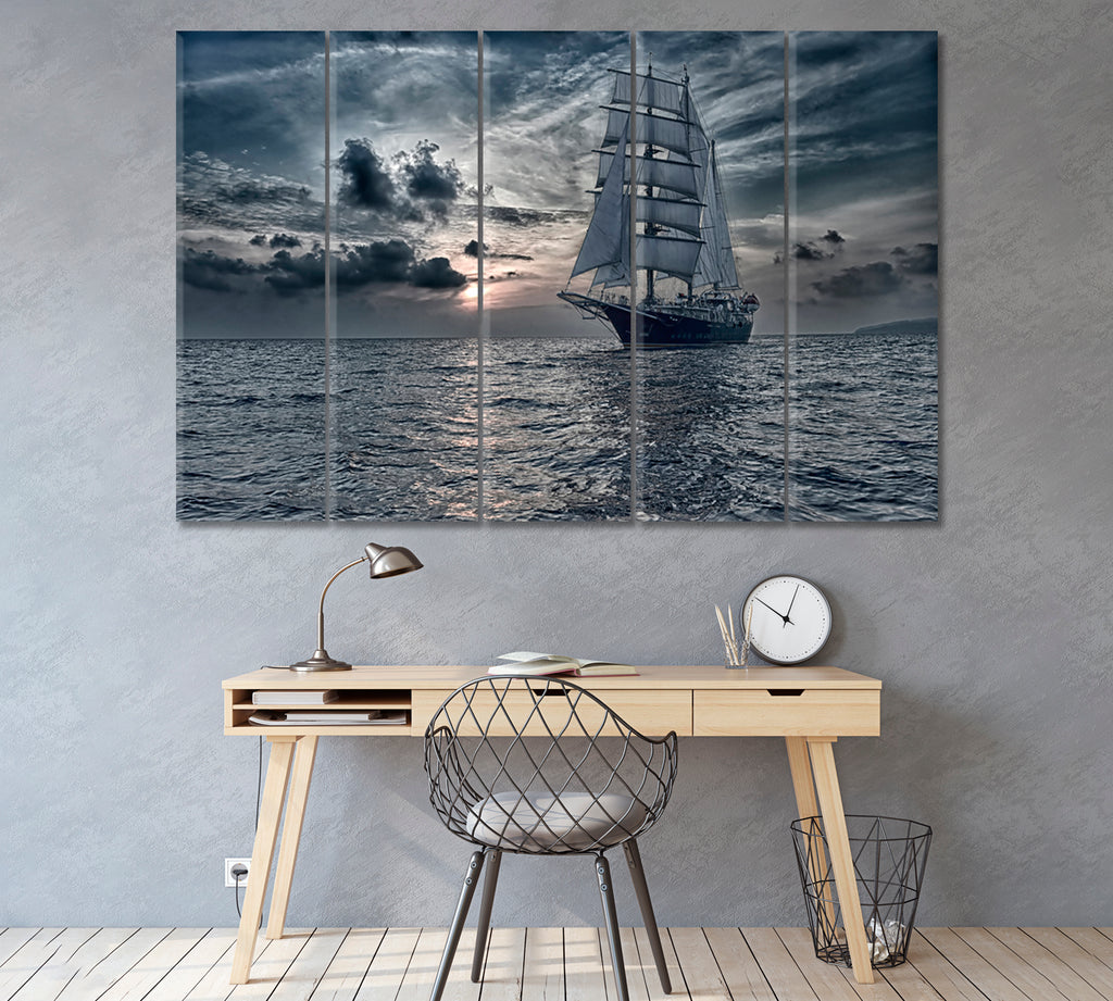 Sailing Ship at Sunset Canvas Print ArtLexy 3 Panels 36"x24" inches 