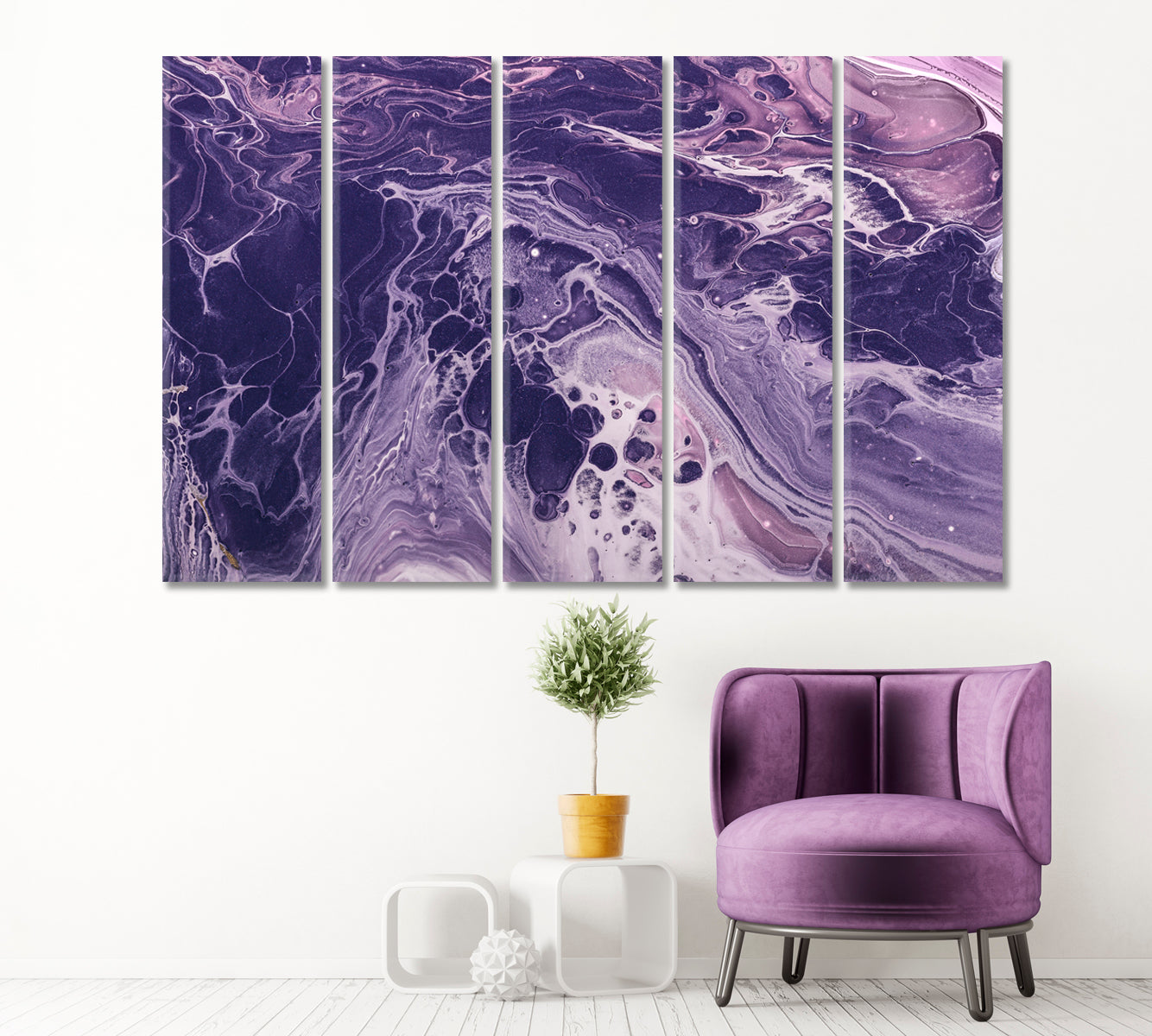 Monochrome Violet Waves and Bubbles Canvas Print ArtLexy 5 Panels 36"x24" inches 