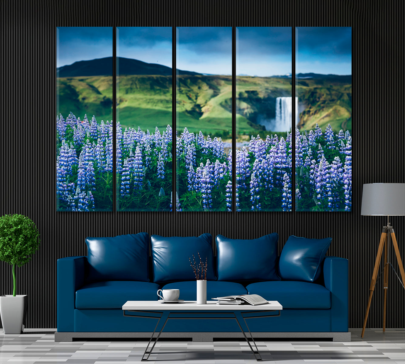 Summer view of Skogafoss Waterfall with Lupine Flowers Canvas Print ArtLexy 5 Panels 36"x24" inches 