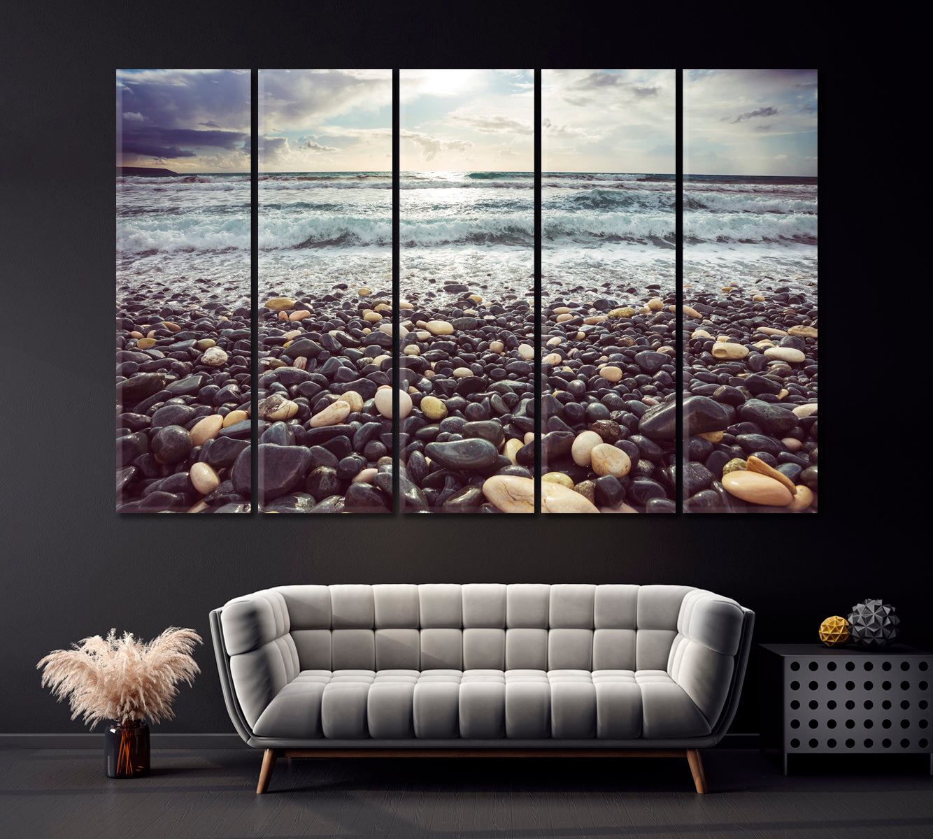 Pebble Beach with Stormy Waves Canvas Print ArtLexy 5 Panels 36"x24" inches 