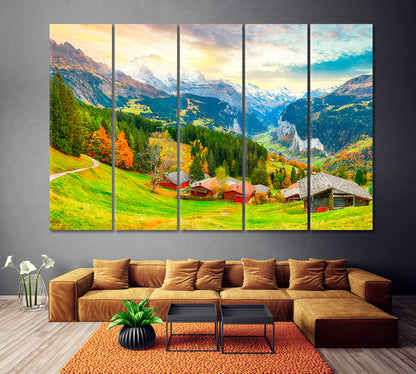 Lauterbrunnen Valley with Jungfrau Mountain Switzerland Canvas Print ArtLexy 5 Panels 36"x24" inches 