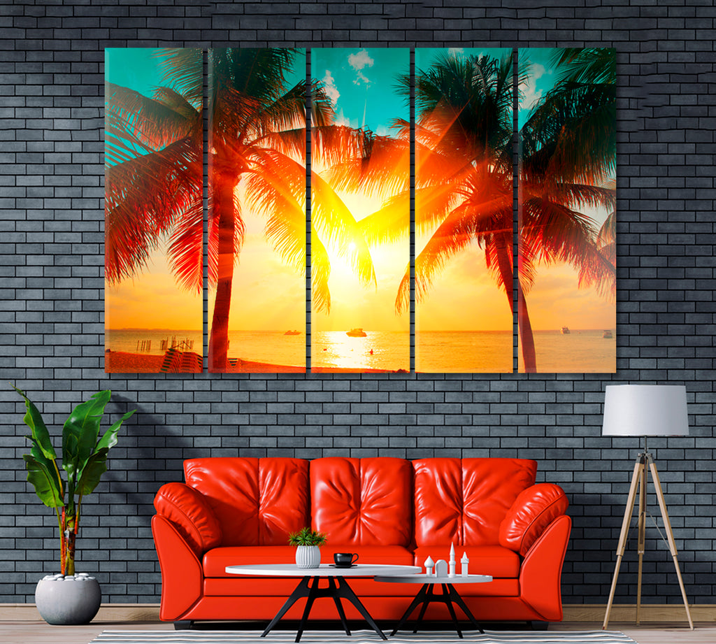 Coconut Palms Trees at Sunset Mexico Canvas Print ArtLexy 5 Panels 36"x24" inches 