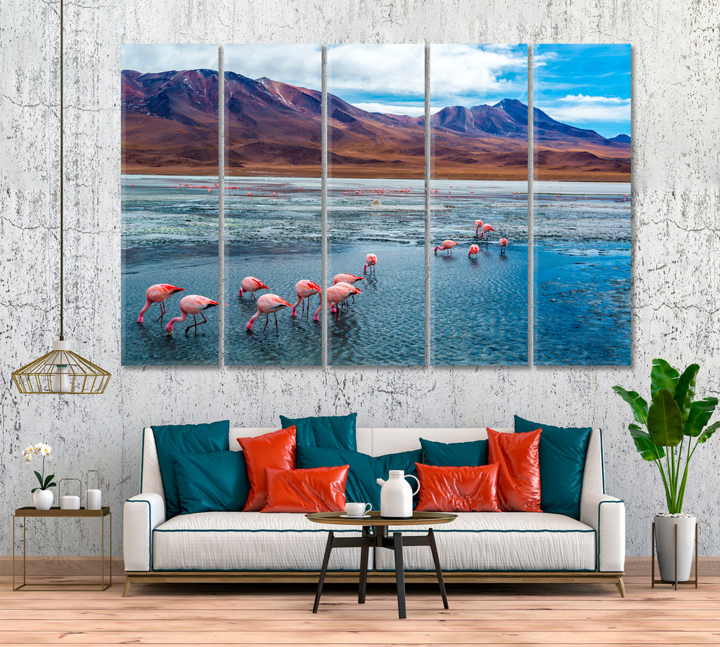Pink Flamingos in Lake Hedionda and Andes Mountains Bolivia Canvas Print ArtLexy 5 Panels 36"x24" inches 