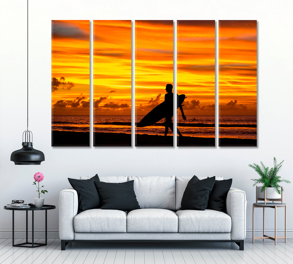 Surfer with Surfboard at Sunset Mauritius Indian Ocean Canvas Print ArtLexy 5 Panels 36"x24" inches 