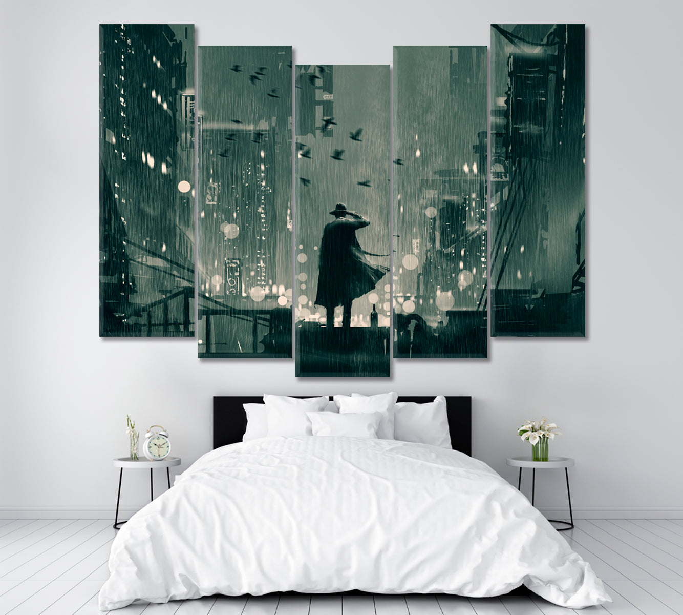 Detective Standing on Roof in Rainy Night Canvas Print ArtLexy   