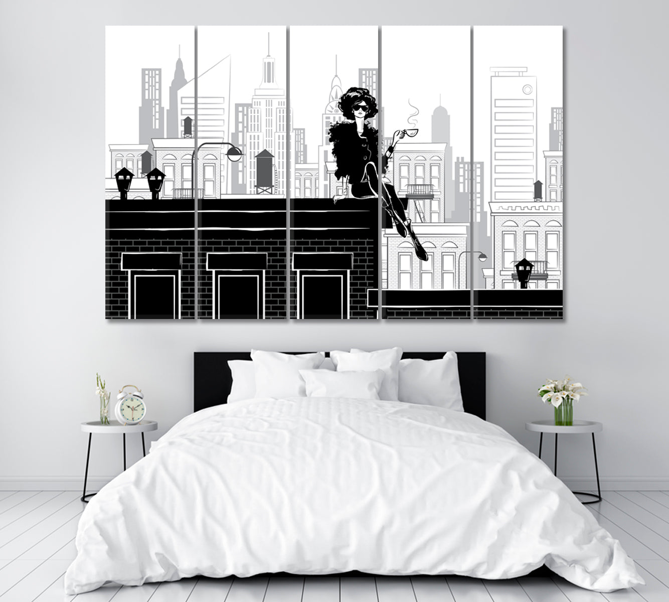 Girl on Rooftop in New York Canvas Print ArtLexy 5 Panels 36"x24" inches 
