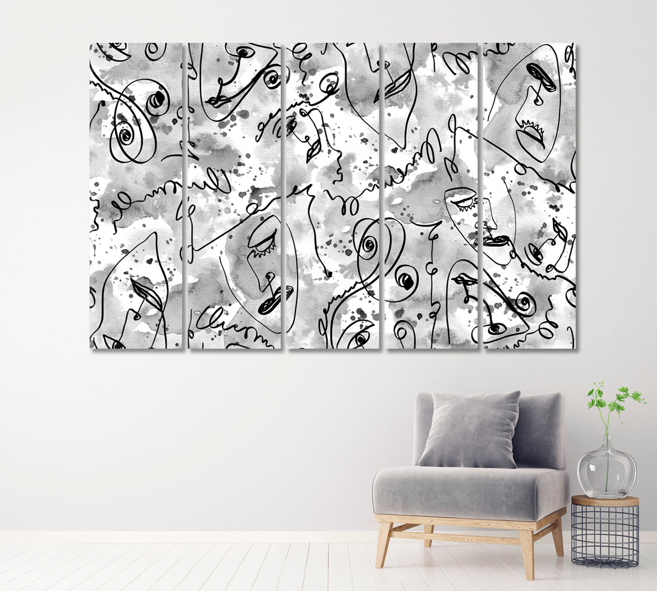 Abstract Faces with Splashes Ink Canvas Print ArtLexy 5 Panels 36"x24" inches 