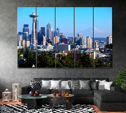 Seattle Skyline and Mt. Rainier Washington Canvas Print ArtLexy 5 Panels 36"x24" inches 