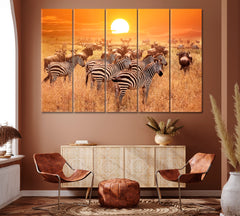 Zebras at Sunset Africa Tanzania Canvas Print ArtLexy 5 Panels 36"x24" inches 