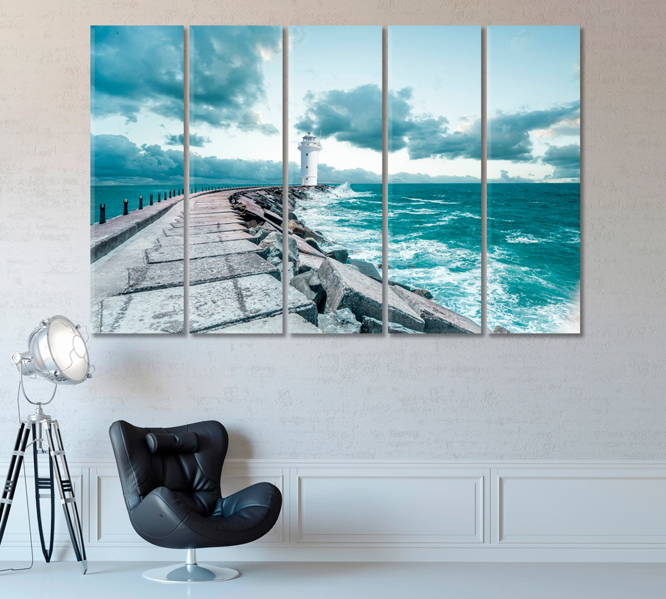 Stormy Waves over Lighthouse Canvas Print ArtLexy 5 Panels 36"x24" inches 