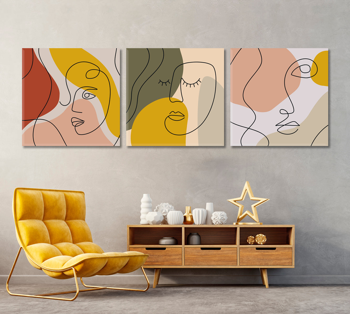 Set of 3 Squares Abstract Faces Canvas Print ArtLexy 3 Panels 36”x12” inches 