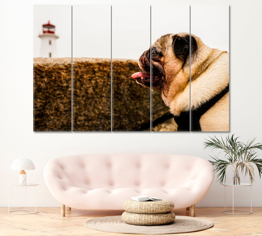 Pug Dog and Peggys Point Lighthouse Canada Canvas Print ArtLexy 5 Panels 36"x24" inches 