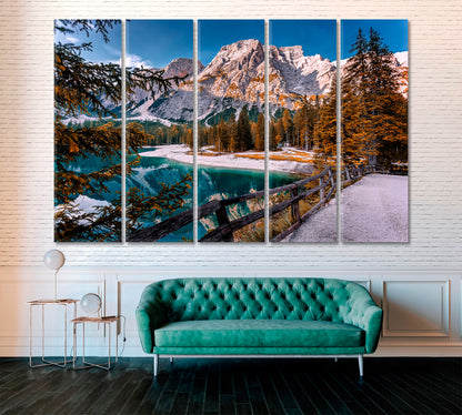 Lake Braies in Autumn Dolomites Alps Canvas Print ArtLexy 5 Panels 36"x24" inches 