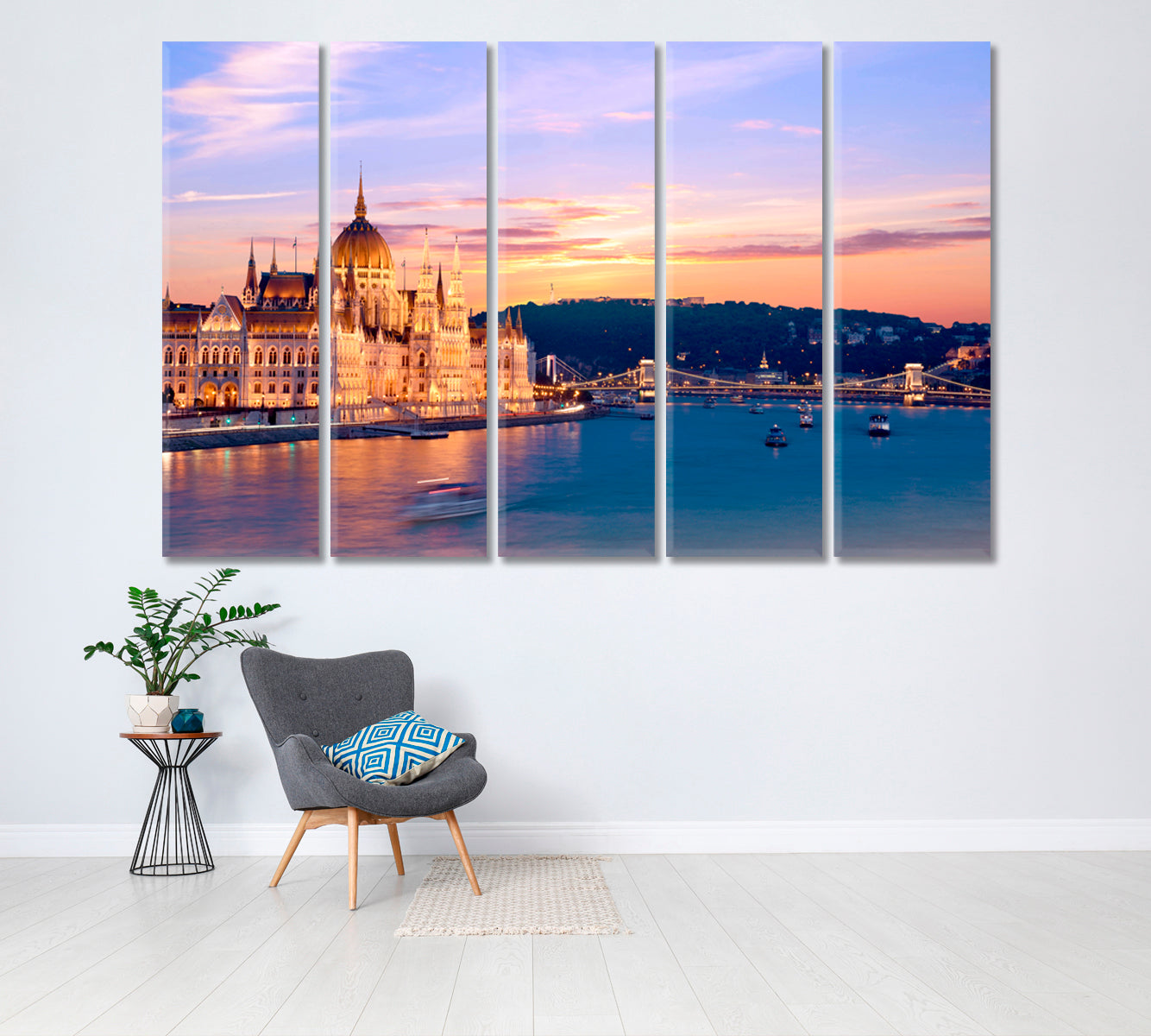 Colorful Sunset in Budapest Canvas Print ArtLexy 5 Panels 36"x24" inches 