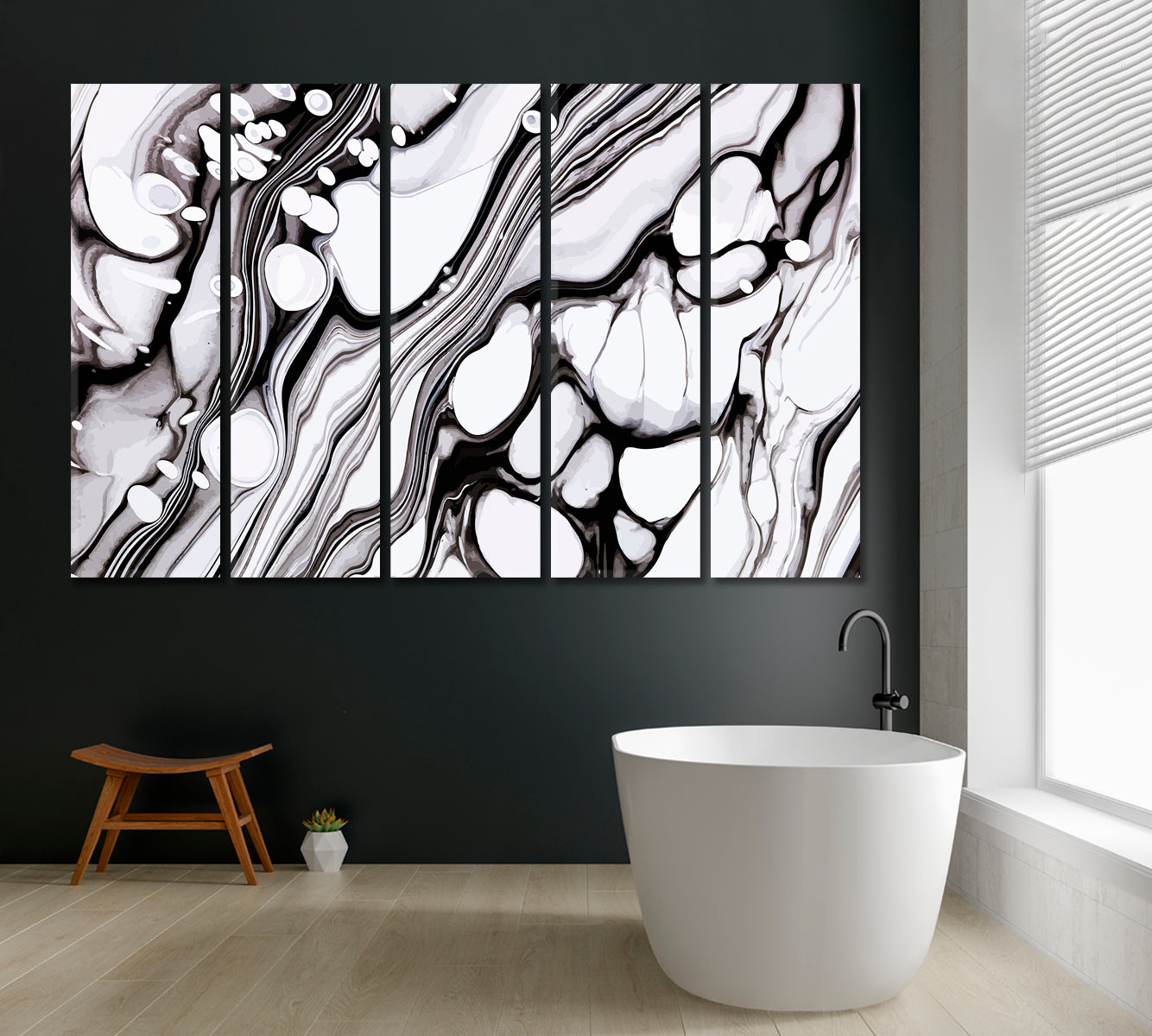 Abstract Black & White Fluid Marble Waves Canvas Print ArtLexy 5 Panels 36"x24" inches 