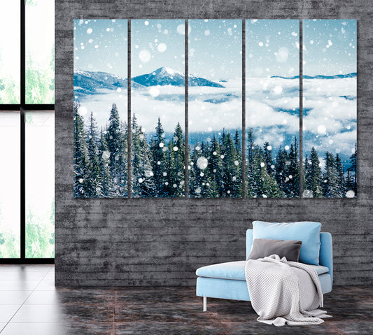 Snowy Coniferous Forest in Carpathian Mountains Ukraine Canvas Print ArtLexy 5 Panels 36"x24" inches 