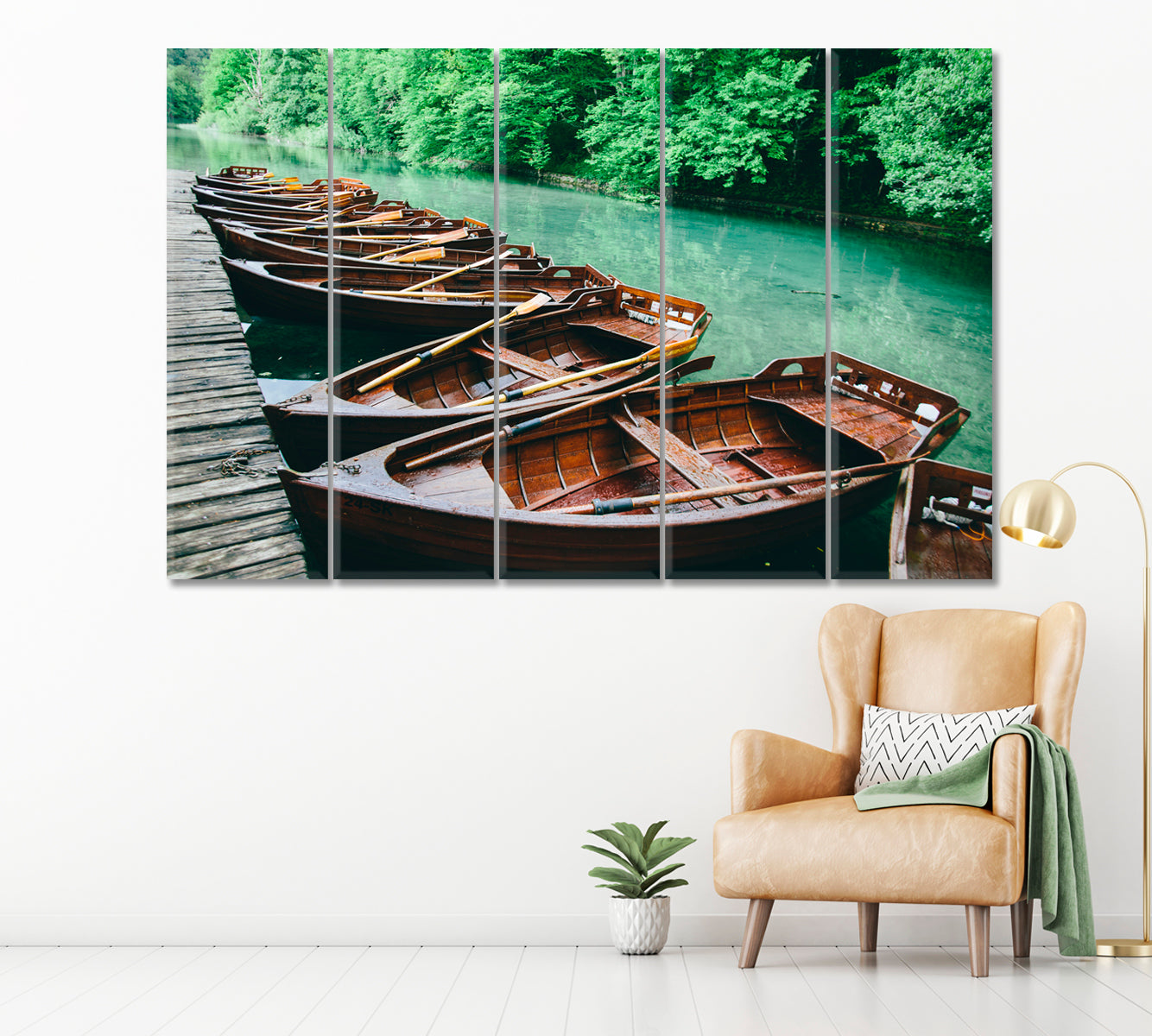 Wooden Boats in Plitvice Lakes National Park Croatia Canvas Print ArtLexy 5 Panels 36"x24" inches 