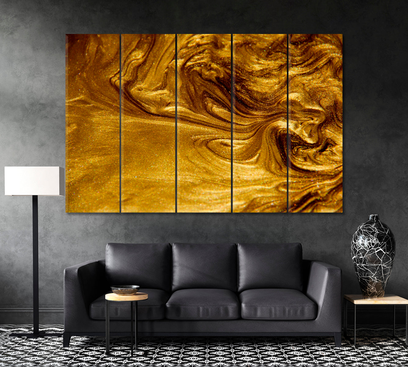 Abstract Gold Waves Canvas Print ArtLexy 5 Panels 36"x24" inches 