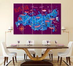 Illustrated Map of Russia Canvas Print ArtLexy 5 Panels 36"x24" inches 
