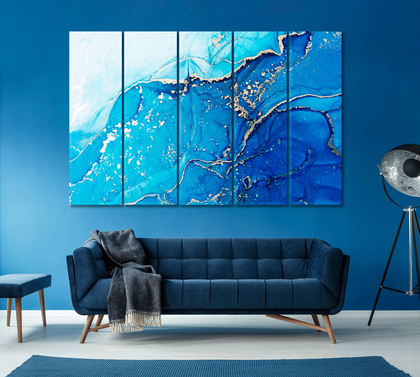 Abstract Blue Liquid Marble Spots Canvas Print ArtLexy 5 Panels 36"x24" inches 