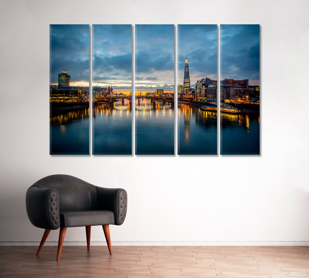 London City Skyline with River Thames at Night Canvas Print ArtLexy 5 Panels 36"x24" inches 
