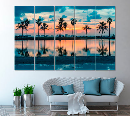 Palm Tree Reflections in Atlantic Ocean Miami Florida Canvas Print ArtLexy 5 Panels 36"x24" inches 