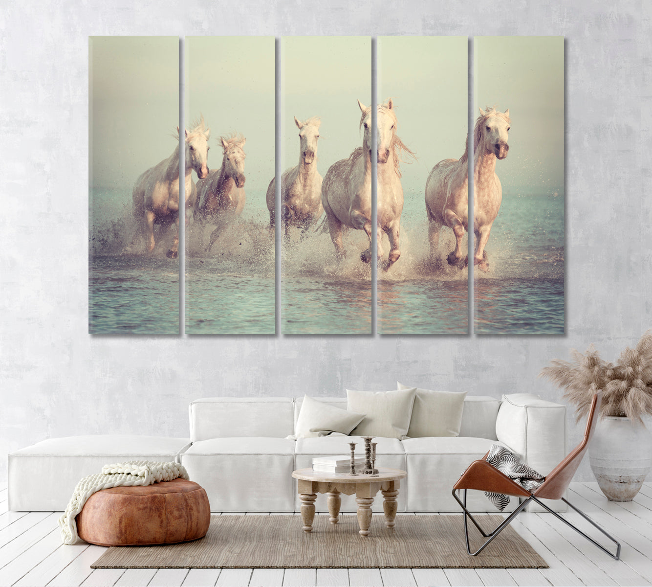 Herd of White Horses Running in Sea Canvas Print ArtLexy 5 Panels 36"x24" inches 