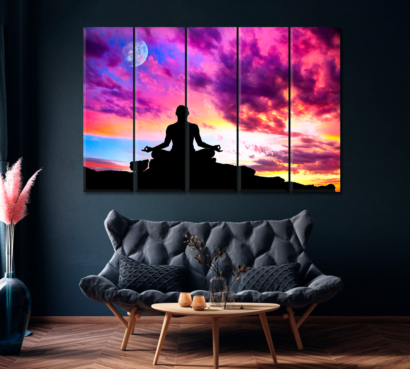 Man Meditating Yoga in Lotus Pose at Sunset Canvas Print ArtLexy 5 Panels 36"x24" inches 