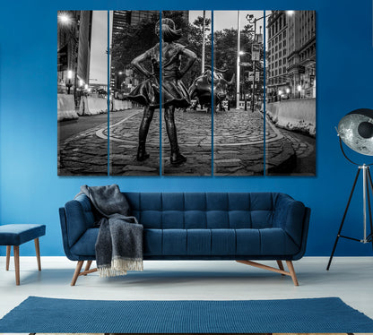 Fearless Girl Facing the Charging Bull Wall Street Lower Manhattan Canvas Print ArtLexy 5 Panels 36"x24" inches 